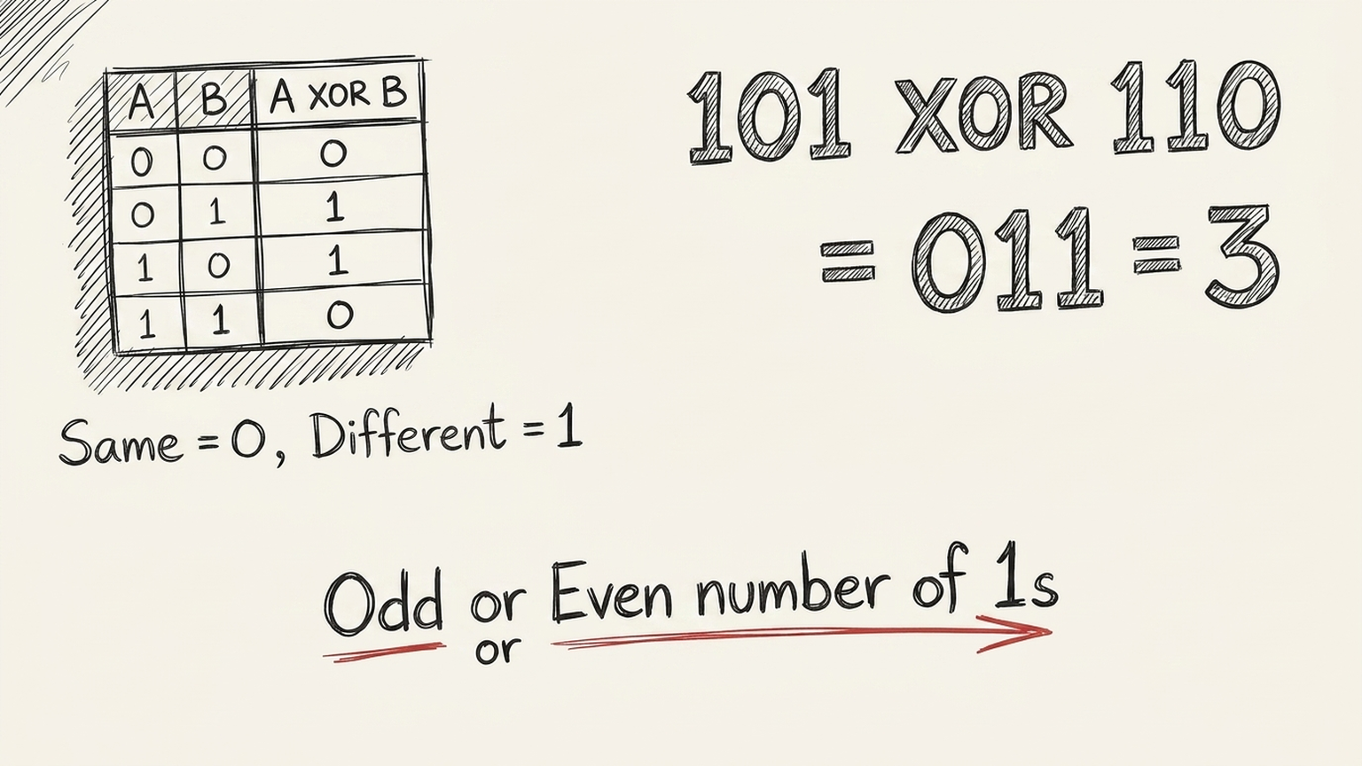 Golpo tutorial frame explaining XOR as an odd or even count of binary ones